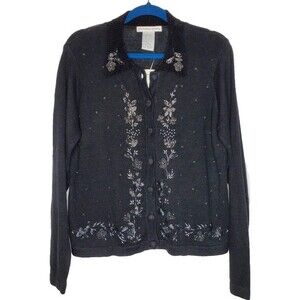 VINTAGE Victoria Jones Black Beaded Floral Collared Button Up Cardigan SZ Large